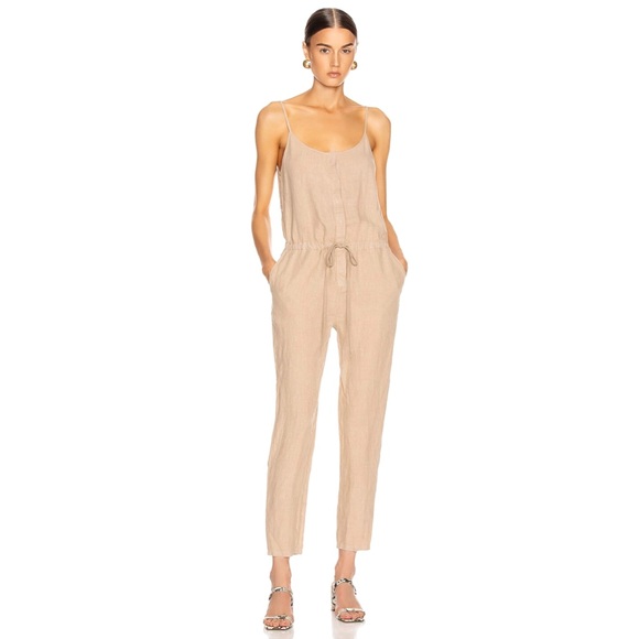 ENZA COSTA French Linen Jumpsuit Sz 0 Tan Sleeveless Neutral Casual - Picture 1 of 12